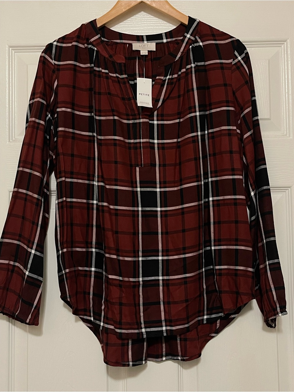 LOFT Petite Burgundy Plaid Split-Neck Tunic